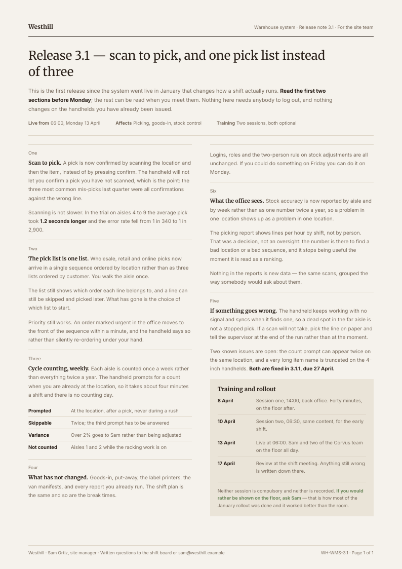 Plain Release — release notes template, Minimal, type-led layout, rendered from live data