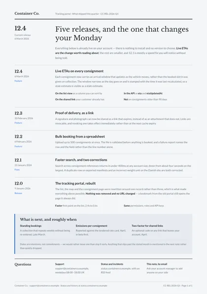 Ship Note — Release notes template, Swiss grid layout, rendered from live data