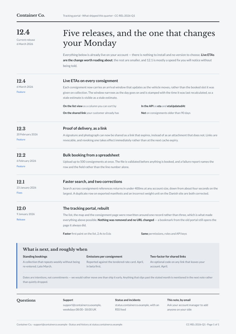 Ship Note — release notes template, Swiss grid layout, rendered from live data