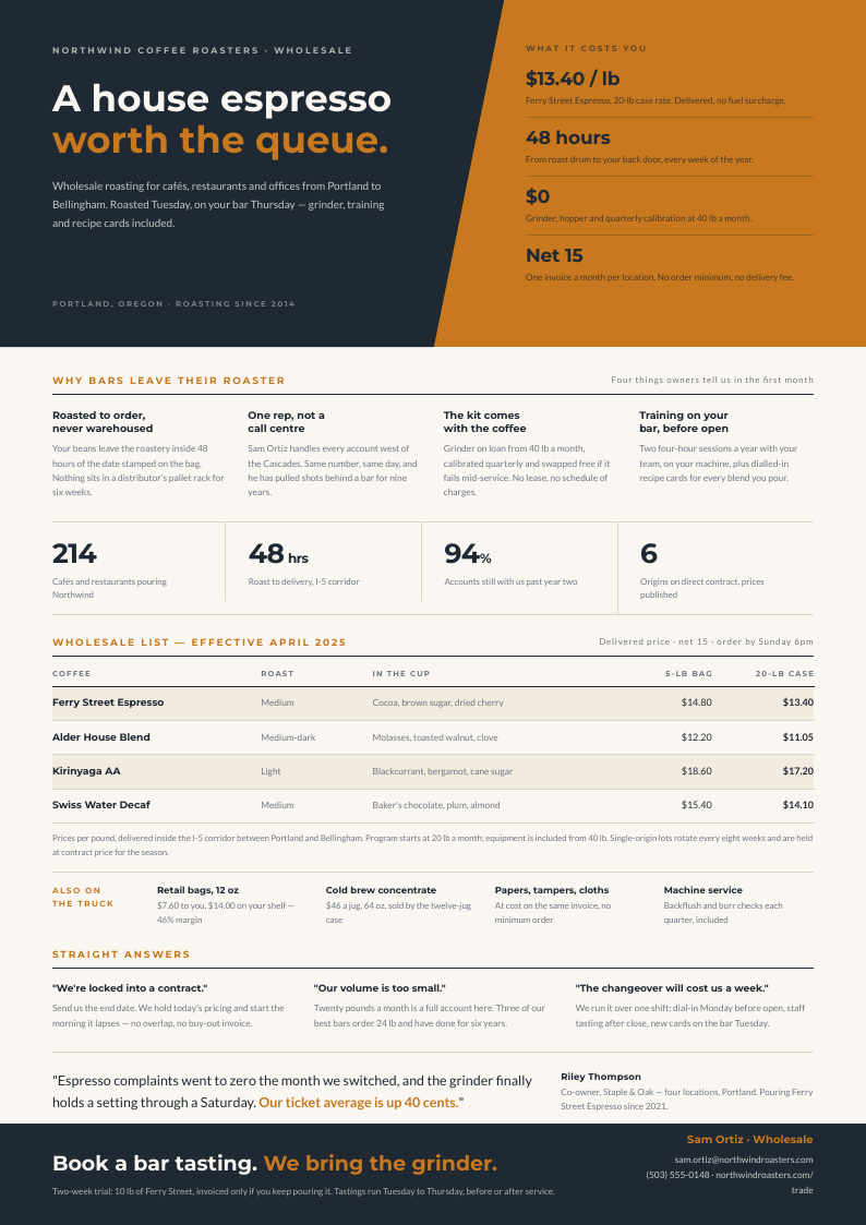 Ochre Wedge — sales one-pager template, Diagonal split layout, rendered from live data